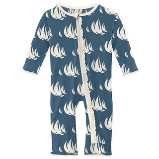 KicKee Pants Girls Print Muffin Ruffle Coverall with Zipper - Deep Sea Sailboat Race