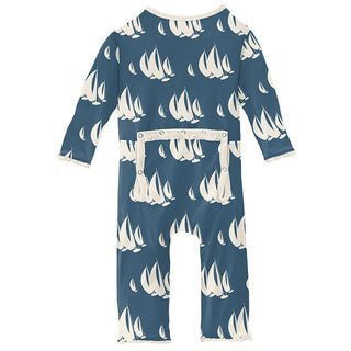 KicKee Pants Girls Print Muffin Ruffle Coverall with Zipper - Deep Sea Sailboat Race