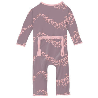 Girl's Print Bamboo Muffin Ruffle Coverall with Zipper - Elderberry Sakura Wind Baby & Toddler Sleepwear