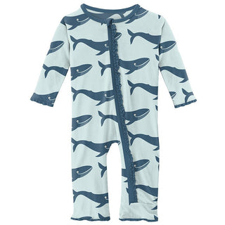 KicKee Pants Girls Print Muffin Ruffle Coverall with Zipper - Fresh Air Blue Whales