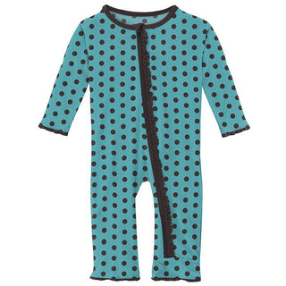 Girl's Print Bamboo Muffin Ruffle Coverall with Zipper - Glacier Polka Dots KicKee Pants