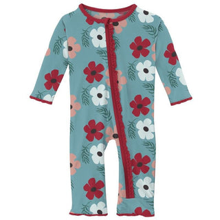 Girl's Print Bamboo Muffin Ruffle Coverall with Zipper - Glacier Wildflowers KicKee Pants