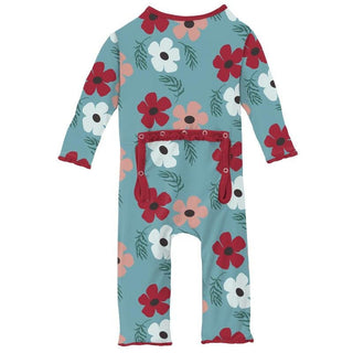 Girl's Print Bamboo Muffin Ruffle Coverall with Zipper - Glacier Wildflowers KicKee Pants