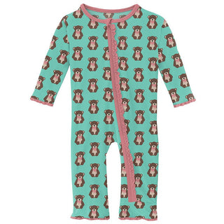 KicKee Pants Girls Print Muffin Ruffle Coverall with Zipper - Glass Teddy Bear