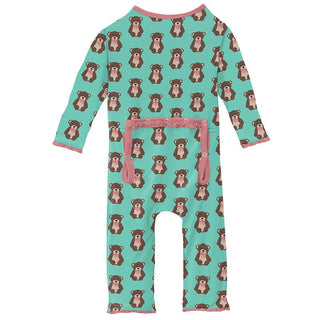 KicKee Pants Girls Print Muffin Ruffle Coverall with Zipper - Glass Teddy Bear