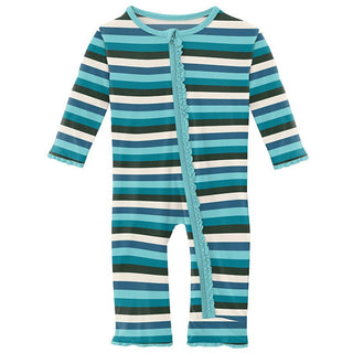 Girl's Print Bamboo Muffin Ruffle Coverall with Zipper - Ice Multi Stripe Baby & Toddler Sleepwear