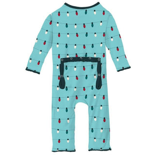 KicKee Pants Girls Print Muffin Ruffle Coverall with Zipper - Iceberg Holiday Lights WCA22