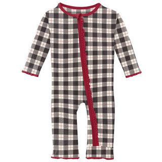 Girl's Print Bamboo Muffin Ruffle Coverall with Zipper - Midnight Holiday Plaid Baby & Toddler Sleepwear