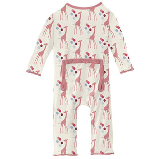 Girl's Print Bamboo Muffin Ruffle Coverall with Zipper - Natural Balloon Giraffe Baby & Toddler Sleepwear