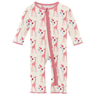 Girl's Print Bamboo Muffin Ruffle Coverall with Zipper - Natural Balloon Giraffe Baby & Toddler Sleepwear