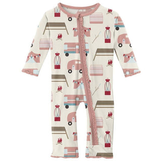 KicKee Pants Girls Print Muffin Ruffle Coverall with Zipper - Natural Camping