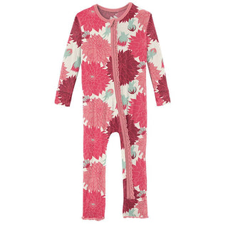 Girl's Print Bamboo Muffin Ruffle Coverall with Zipper - Natural Dahlias Baby & Toddler Sleepwear