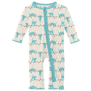 Girl's Print Bamboo Muffin Ruffle Coverall with Zipper - Natural Tangled Kittens (WCA22) KicKee Pants