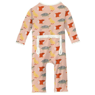 Girl's Print Bamboo Muffin Ruffle Coverall with Zipper - Peach Blossom Class Pets Baby & Toddler Sleepwear