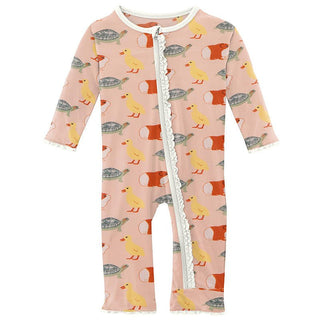 Girl's Print Bamboo Muffin Ruffle Coverall with Zipper - Peach Blossom Class Pets Baby & Toddler Sleepwear