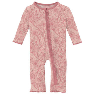 Girl's Print Bamboo Muffin Ruffle Coverall with Zipper - Peach Blossom Lace Baby & Toddler Sleepwear