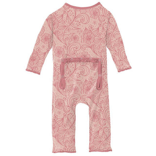 Girl's Print Bamboo Muffin Ruffle Coverall with Zipper - Peach Blossom Lace KicKee Pants