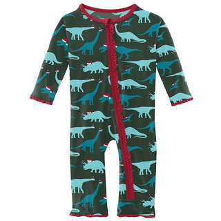 KicKee Pants Girls Print Muffin Ruffle Coverall with Zipper - Santa Dinos