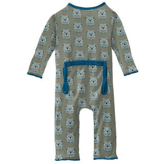 Girl's Print Bamboo Muffin Ruffle Coverall with Zipper - Silver Sage Wise Owls Baby & Toddler Sleepwear