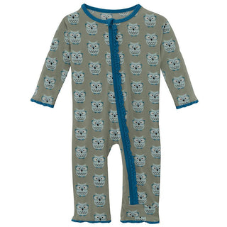 Girl's Print Bamboo Muffin Ruffle Coverall with Zipper - Silver Sage Wise Owls Baby & Toddler Sleepwear