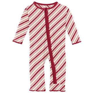 KicKee Pants Girls Print Muffin Ruffle Coverall with Zipper - Strawberry Candy Cane Stripe