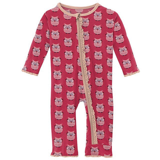 Girl's Print Bamboo Muffin Ruffle Coverall with Zipper - Taffy Wise Owls Baby & Toddler Sleepwear