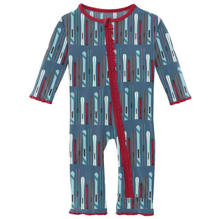 Girl's Print Bamboo Muffin Ruffle Coverall with Zipper - Twilight Skis KicKee Pants