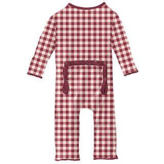 KicKee Pants Girls Print Muffin Ruffle Coverall with Zipper - Wild Strawberry Gingham