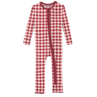 Girl's Print Bamboo Muffin Ruffle Coverall with Zipper - Wild Strawberry Gingham Baby & Toddler Sleepwear