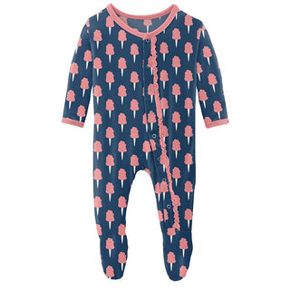 Girl's Print Bamboo Muffin Ruffle Footie with Snaps - Navy Cotton Candy Baby & Toddler Sleepwear