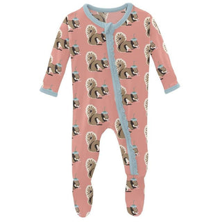 Girl's Print Bamboo Muffin Ruffle Footie with Zipper - Blush Squirrel with Flower Hat Baby & Toddler Sleepwear