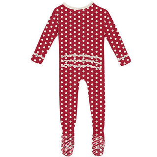 Girl's Print Bamboo Muffin Ruffle Footie with Zipper - Candy Apple Polka Dots Baby & Toddler Sleepwear