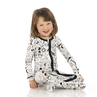 Girl's Print Bamboo Muffin Ruffle Footie with Zipper - Doodles KicKee Pants