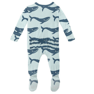 KicKee Pants Girls Print Muffin Ruffle Footie with Zipper - Fresh Air Blue Whales