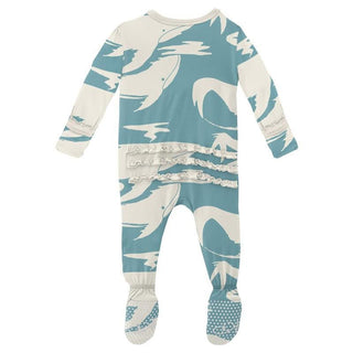 Girl's Print Bamboo Muffin Ruffle Footie with Zipper - Glacier Cloud Whales Baby & Toddler Sleepwear