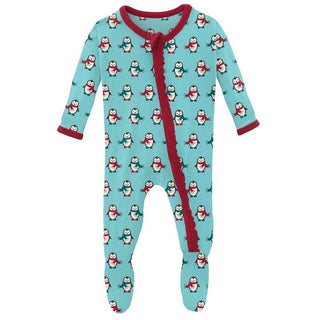 Girl's Print Bamboo Muffin Ruffle Footie with Zipper - Iceberg Penguins (WCA22) KicKee Pants