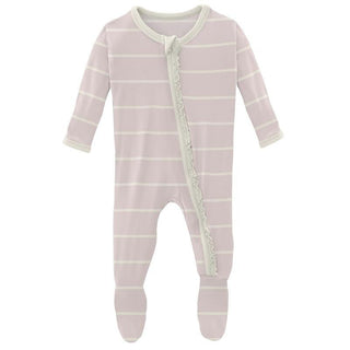 Girl's Print Bamboo Muffin Ruffle Footie with Zipper - Macaroon Road Trip Stripe KicKee Pants