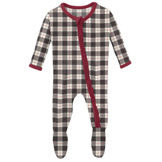 Girl's Print Bamboo Muffin Ruffle Footie with Zipper - Midnight Holiday Plaid Baby & Toddler Sleepwear