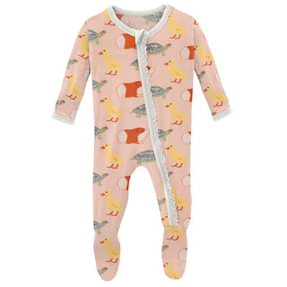 Girl's Print Bamboo Muffin Ruffle Footie with Zipper - Peach Blossom Class Pets KicKee Pants