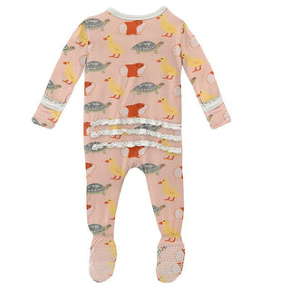 Girl's Print Bamboo Muffin Ruffle Footie with Zipper - Peach Blossom Class Pets KicKee Pants