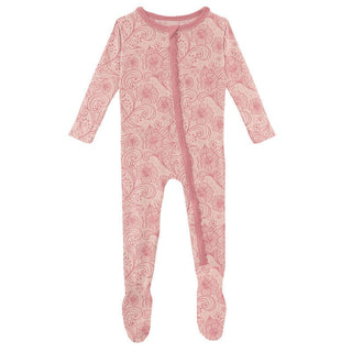 Girl's Print Bamboo Muffin Ruffle Footie with Zipper - Peach Blossom Lace KicKee Pants