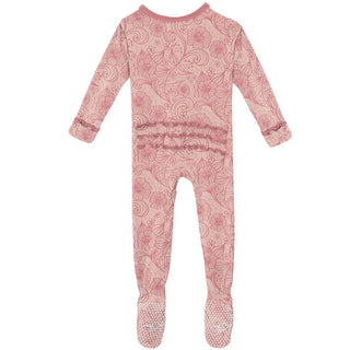 Girl's Print Bamboo Muffin Ruffle Footie with Zipper - Peach Blossom Lace KicKee Pants