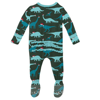 KicKee Pants Girls Print Muffin Ruffle Footie with Zipper - Santa Dinos