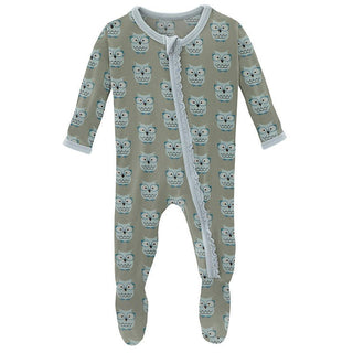 Girl's Print Bamboo Muffin Ruffle Footie with Zipper - Silver Sage Wise Owls Baby & Toddler Sleepwear