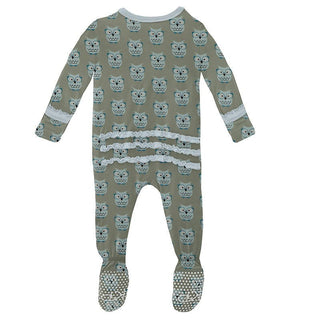 Girl's Print Bamboo Muffin Ruffle Footie with Zipper - Silver Sage Wise Owls Baby & Toddler Sleepwear