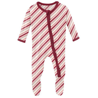 Girl's Print Bamboo Muffin Ruffle Footie with Zipper - Strawberry Candy Cane Stripe Baby & Toddler Sleepwear