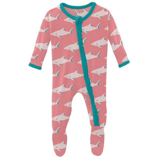 Girl's Print Bamboo Muffin Ruffle Footie with Zipper - Strawberry Sharky Baby & Toddler Sleepwear