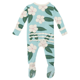 Girl's Print Bamboo Muffin Ruffle Footie with Zipper - Summer Sky Plumeria KicKee Pants