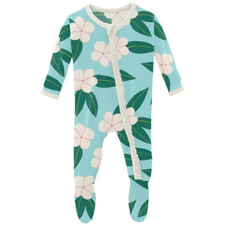 Girl's Print Bamboo Muffin Ruffle Footie with Zipper - Summer Sky Plumeria KicKee Pants