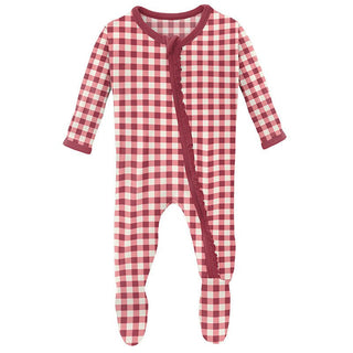 KicKee Pants Girls Print Muffin Ruffle Footie with Zipper - Wild Strawberry Gingham